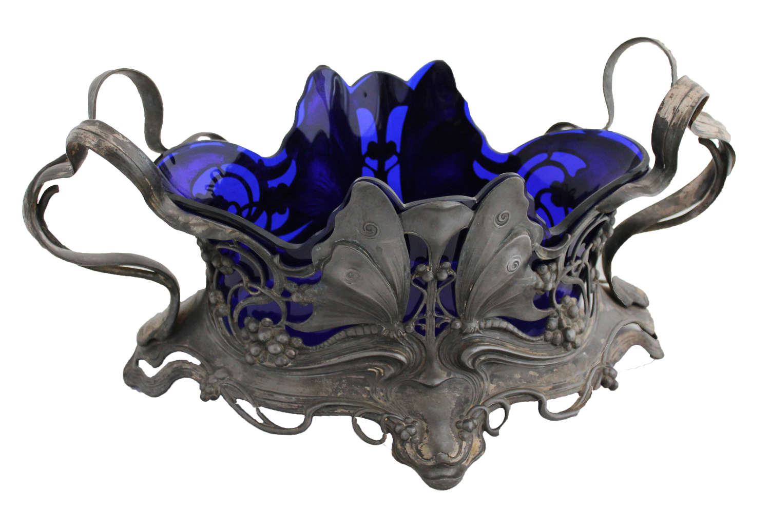 Art Nouveau Metal Dish with Blue Glass Inner
